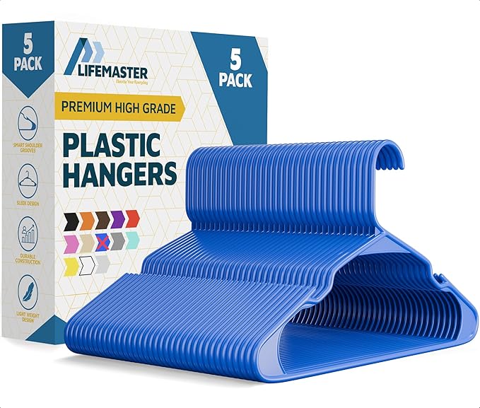 Lifemaster Plastic Clothes Hangers – Heavy Duty Hanger Set, for Organizing Clothes, Dresses, and Coat, Holds Up to 5 lbs, Space-Saving Hangers with Non-Slip Shoulder Grooves, Pack of 5, Blue