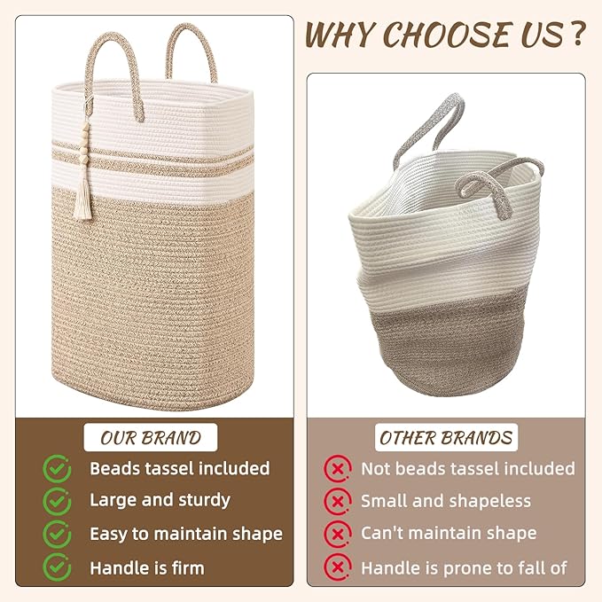 Woven Laundry Basket for Clothes, 50 L Large Rectangle Laundry Hampers with Beads Tassel, Nursery Storage Basket for Toys, Tall Dirty Clothes Hamper for Bedroom Aesthetic, Laundry Room Organization