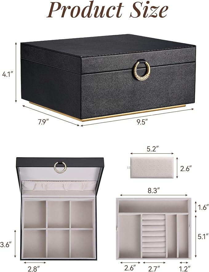 pickpiff 2 Layer Jewelry Box Organizer for Women, Jewelry Organizer with Handle & Removable Tray, Necklace Holder Ring Earring Storage, Velvet Lined Jewelry Case for Home or Travel, Gift Ready, Black