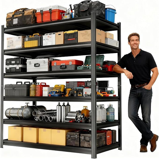 82''H Metal Garage Shelving Unit, Heavy Duty Garage Storage Shelves, Adjustable Shelf for Warehouse, Kitchen, Basement, Double-Layer Columns Black 82×40×16in-6Tier