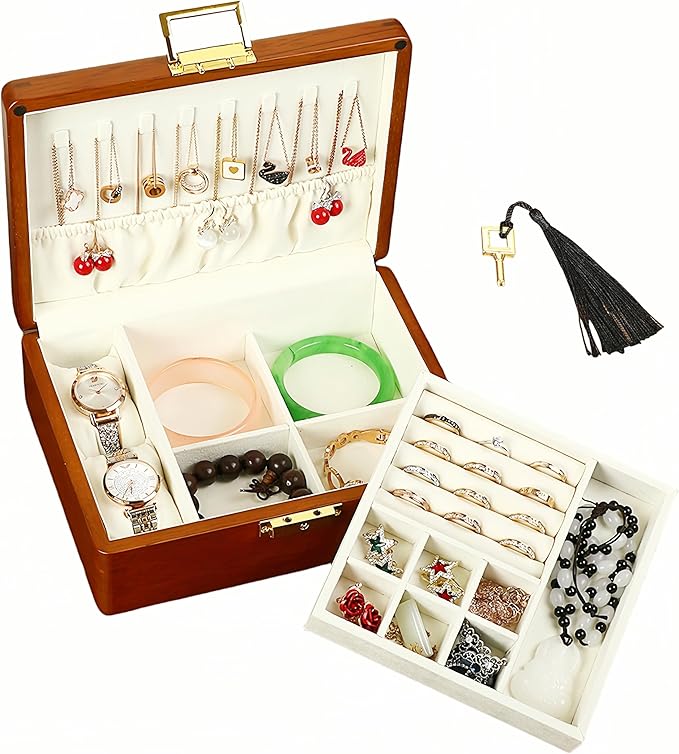 Solid Walnut Wood Jewelry Organizer Box with Lock,2-Layer Vintage Jewelry Box for Men Women, Velvet-Lined Storage for Earrings Rings Necklaces Bracelets Watches Gift Beige
