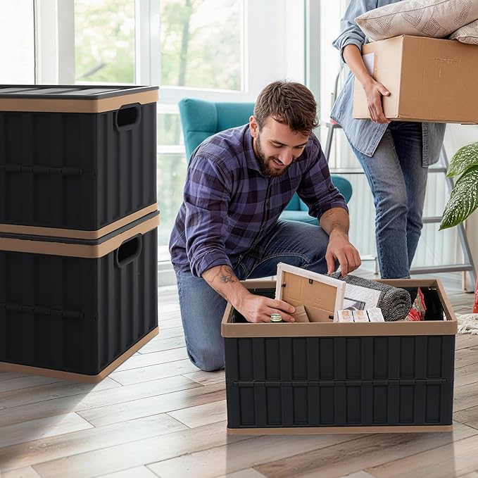 Citylife 64L Collapsible Storage Bins with Lids Plastic Storage Containers for Organizing Stackable Storage BoxLarge Heavy Duty Utility Crates, 4 Packs