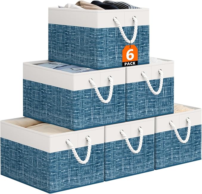 StorageTastic Storage Bin,Collapsible Storage Basket For Organizing,Large Storage Boxes With Rope Handles,Storage Containers,White & Blue,6 Pack