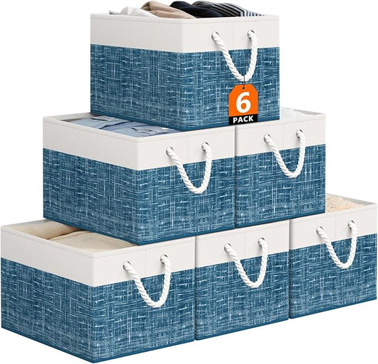 StorageTastic Storage Bin,Collapsible Storage Basket For Organizing,Large Storage Boxes With Rope Handles,Storage Containers,White & Blue,6 Pack