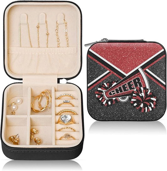 Cheerleader Jewelry Case, Mini Travel Box for Women, Cheer Team Gifts for Girls (Winered)