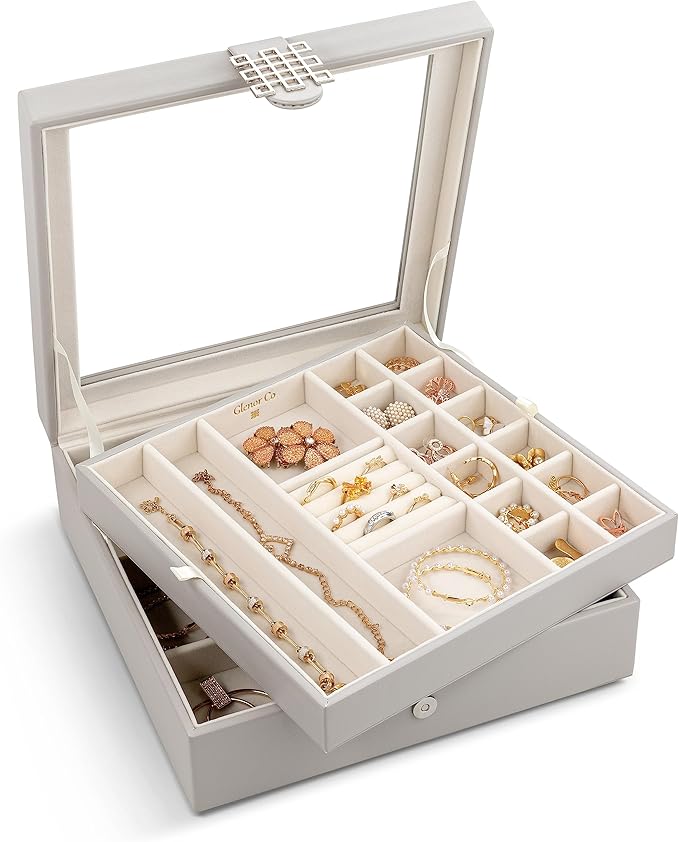 Glenor Co 28 Section Jewelry Box - 2 Layer - Buckle Snap & Magnet Closure - Large Glass Top - Leather Design - Grey - Jewelry Organizer for Women & Girls - for Earring Ring Necklace & Bracelet