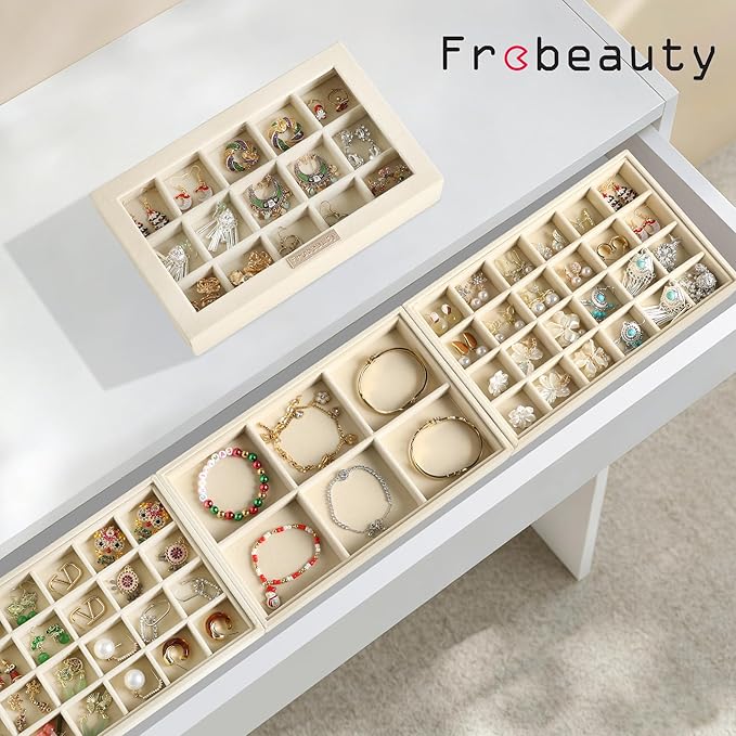 Frebeauty Earring Holder Stackable Jewelry Trays,Velvet Drawer Jewelry Organizer with Glass Lid, 5 in 1 Jewelry Box for Earrings Rings Studs,10.5 x 6.5 x 5.55 Inches Gift for Women (Beige)