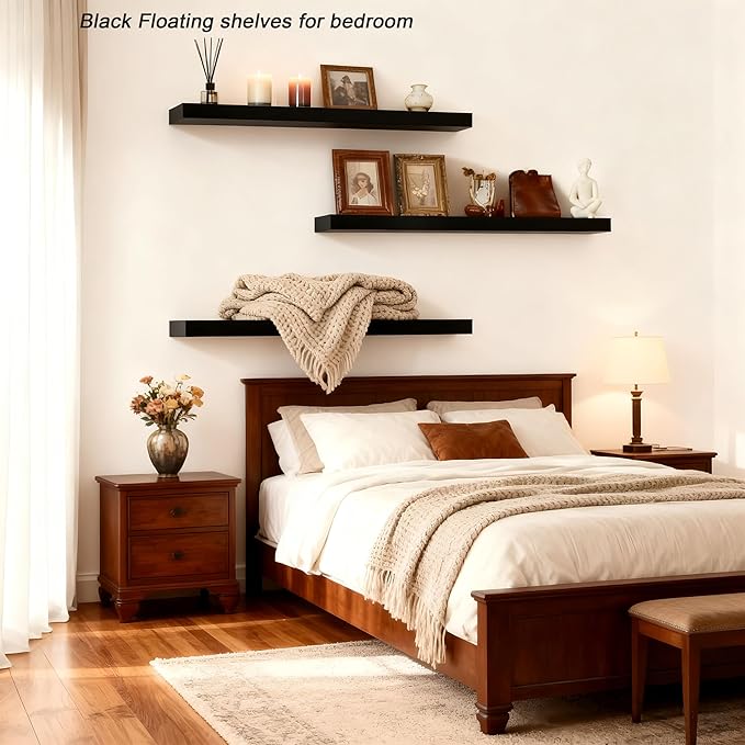 ROGMARS Black Wooden Floating Shelves for Wall 36 Inches Long,Rustic Solid Wood Farmhouse Wall Shelves with Invisible Brackets for Bathroom, Living Room, Bedroom, Kitchen Set of 3