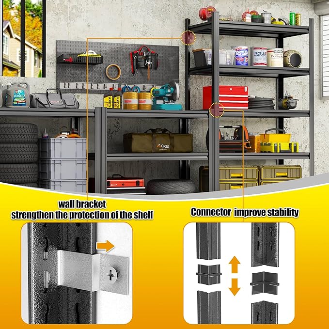 Garage Shelves,14-48''W Heavy-Duty Storage Shelves, Double-Layer Uprights, Thickened Shelves, Waterproof &Rustproof, Suitable for Indoor & Outdoor Use. (Black, 5TIER 40W*16D*72H, 5-Tier)