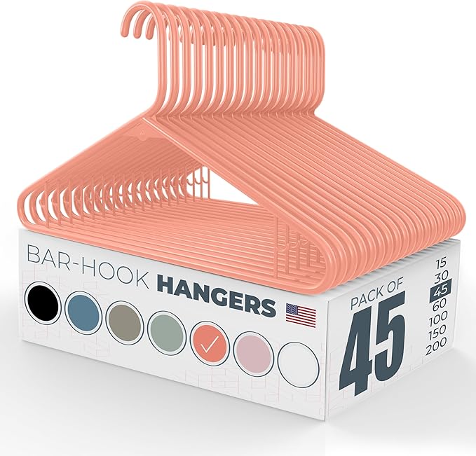 Neaties Plastic Hangers 45 Pack – Made in the USA – 6lb Capacity Standard Clothes Hangers with Strap Hooks for Dresses, Lingerie, Shirts, Pants, and Jackets – Peach