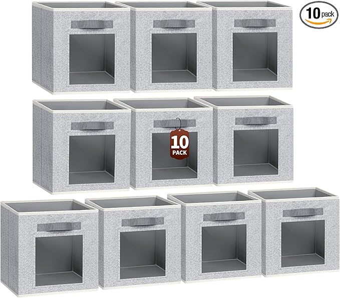 Homsorout Foldable Storage Cubes - Cubby Storage Organizer with Window, Decorative Baskets for Organizing, 11 Inch Fabric Cube Shelf Bins, Set of 10, Light Gray