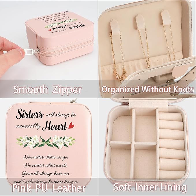 Sisters Jewelry Box Gifts Easter Mothers Day Gifts for Sister Bestie Friend Unique Sister Birthday Gift Wedding Graduation Gift for Sisters BFF Pink Portable Travel Jewelry Case for Besties
