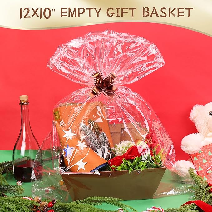 AFOROEOA 20PACK Baskets for Gifts Empty, 12x10x4” Thick Brown Gift Basket with Handles, 20 Bows & 20 Bags - Empty Gift Baskets for Christmas, Thanksgiving, Wedding, Birthday Party, Wrapping Gifts