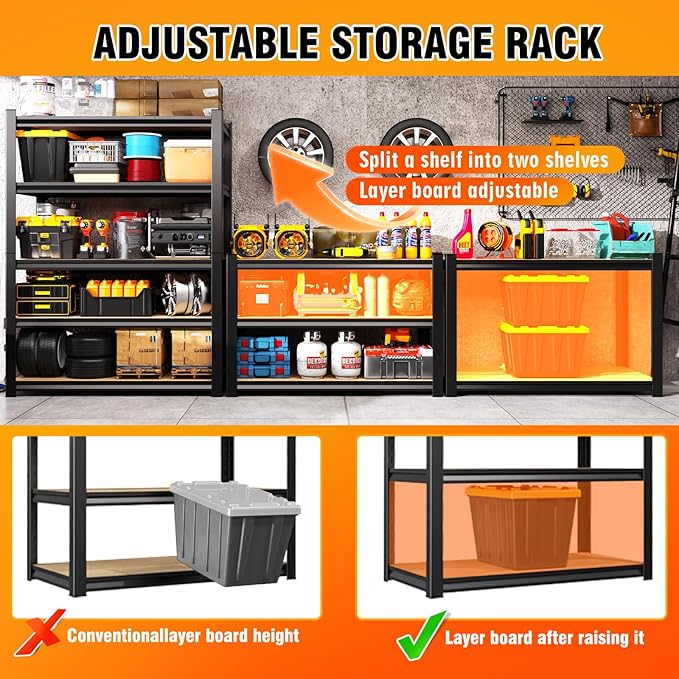 71''H 35.4''W Storage Shelves,2500LBS Garage Shelving ,Adjustable Garage Shelves ,Heavy Duty Metal Shelving, 5 Tier Wood Utility Steel Shelf, Shelving Units and Storage Rack fo Kitchen Pantry Laundry
