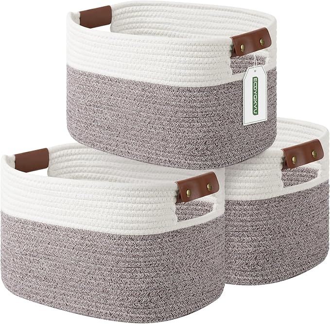 ECDYQXVU Cotton Rope Basket, Storage Baskets with Handle, 15x10x9 Inch Woven Basket for Shelves, Laundry, Towels, Clothes, Books (White Brown 3 Pack)