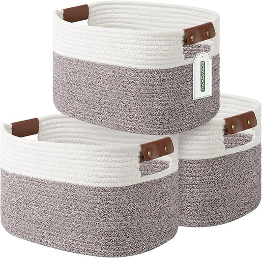 ECDYQXVU Cotton Rope Basket, Storage Baskets with Handle, 15x10x9 Inch Woven Basket for Shelves, Laundry, Towels, Clothes, Books (White Brown 3 Pack)