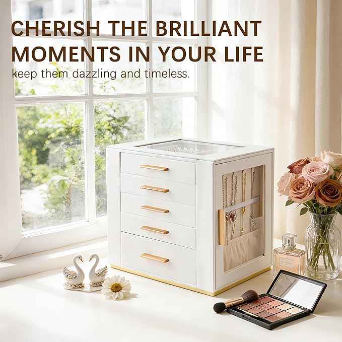 Homeanda Jewelry Box for Women with Glass Lid, 5 Drawers Jewelry Organizer and Storage for Necklaces, Rings, Earrings, Bracelets, Gift for Girls and Teens,PU Leather (White)