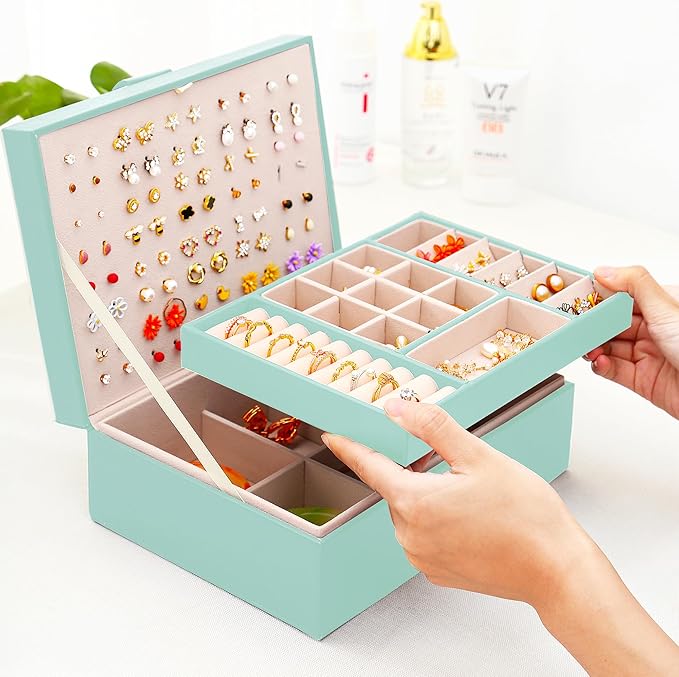 QBestry Girls Jewelry Box for Earrings Jewelry Organizer Box Teen Girls Earrings Organizer Jewelry Box Earring Holder Organizer Stud Earring Box for Girls Womens Jewelry Case Organizer Teal