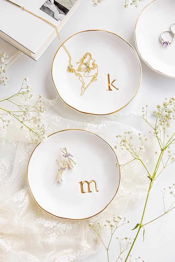 COLLECTIVE HOME - Ceramic Jewelry Tray, Decorative Trinket Dish for Rings Earrings Necklaces Bracelet Watch Keys, Birthday Mother's Day Christmas Gift for Women, 4.75", White Surface (P)