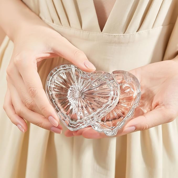 kanpura Clear Glass Jewelry Box Heart Shape Cute Box for Storage Ring Earring Trinket Vintage Decorative Glass Jar with Lid Christmas Gift for Women, Mom