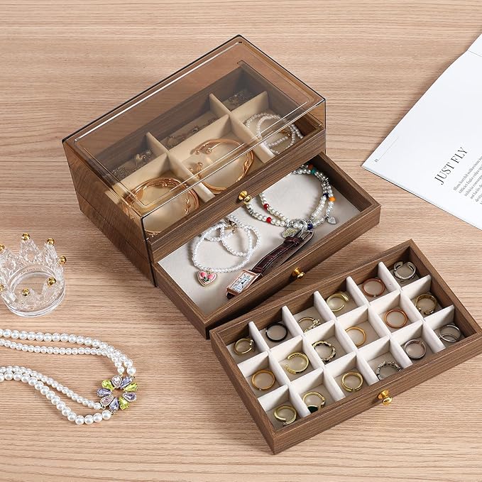 3 Layer Wooden Drawers Jewelry Box Vintage Style Jewelry Organizer with Acrylic Cover, Jewelry Storage Display Box for Ring Earrings Necklace Bracelet Box for Women and Girls(Walnut Color) (A)
