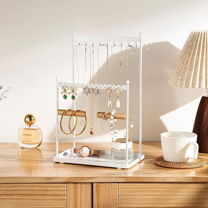 3 Tier white Jewelry Stand, Necklace Organizer, Earring Holder with 44 Holes and 9 Hooks, for Necklaces, Bracelets, Rings