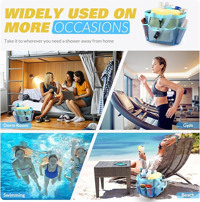 LOYEE Mesh Shower Caddy Portable for College Dorm Room Essentials with 8 Pockets, Shower Bag for Beach, Swimming, Gym, Travel, Bathroom(All blue)
