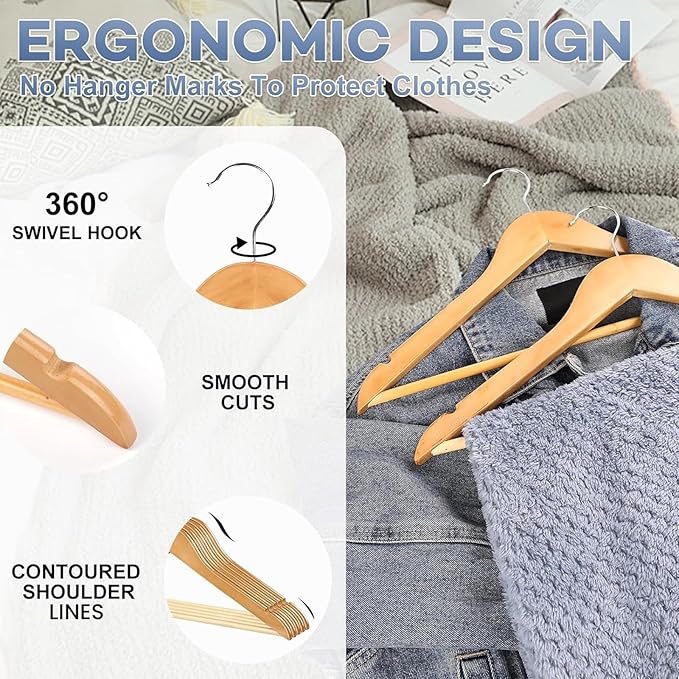 Wooden Hangers 8 Pack, Heavy Duty Wood Hangers for Coats, Suits, Jackets, Closet & Pants Durable Premium Wood Hanger with 360-Degree Rotatable Hook and Notches, Natural