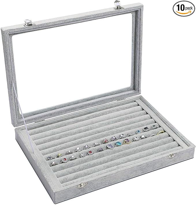 Jewelry Tray Ring Organizer Box with Clear Lid Velvet Tray for Jewelry Storage Display Case, 10 Slots Can Hold 100 Rings Earrings Dustproof Necklace Jewelry Box Organizer & Tray