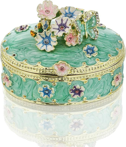 YU FENG Enamel Butterfly Trinket Box Jewelry Organizer, Decorative Hinged Keepsake Box – Green Floral Butterfly Box