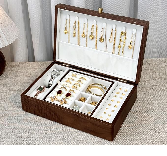 Bescott 2 Layer Solid Black Walnut Wooden Jewelry Box for Women Wood Vintage Organizer for Men Earrings Rings Necklaces Bracelet Watch Storage