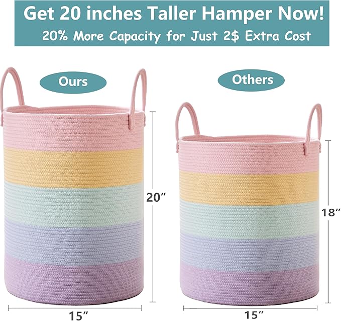 15Dx20H inches Large Baby Girls Kids Hamper Rainbow Laundry Basket for Nursery Clothes Pastel Unicorn Woven Hamper Tall Blanket Basket in Playroom Bedroom 62L
