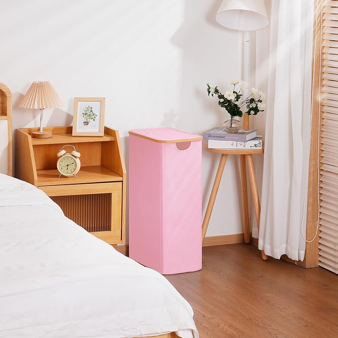 Vincona Slim Laundry Basket with Lid, Narrow Dirty Clothes Hampers for Laundry with Handle, Skinny Laundry Bin for Laundry Room, Dorm, Bedroom and Bathroom, 19.8 Gallon (75L) Pink