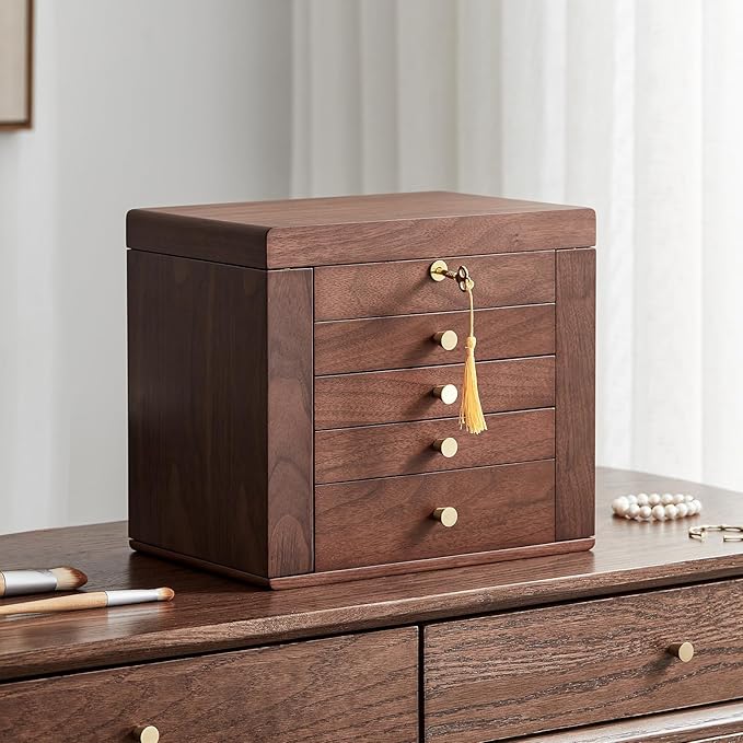 CHOSIN Black Walnut Wooden Jewelry Box for Women with Mirror, 5 Drawers and 2 Side Doors for Watches, Necklaces, Rings, Earrings Storage, Mothers Day Gifts for Mom