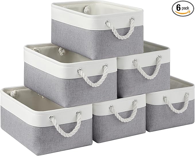 Storage Baskets for Shelves 13.8x9.8x6.7 Inch, Foldable Fabric Storage Bins with Handles, Small Storage Baskets for Organizing Closet, Office, Home Organization (6-Pack, White&Gray)