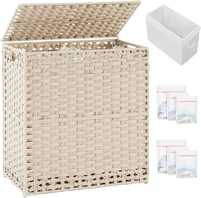 SETVSON Laundry Hamper with Lid Wicker Laundry Basket 112 L (29.6 Gal) Laundry Hampers Handwoven Rattan Clothes Hamper with Handles 3 Removable Liner Bag, 6 Mesh Bags for Bathroom Bedroom Light Khaki