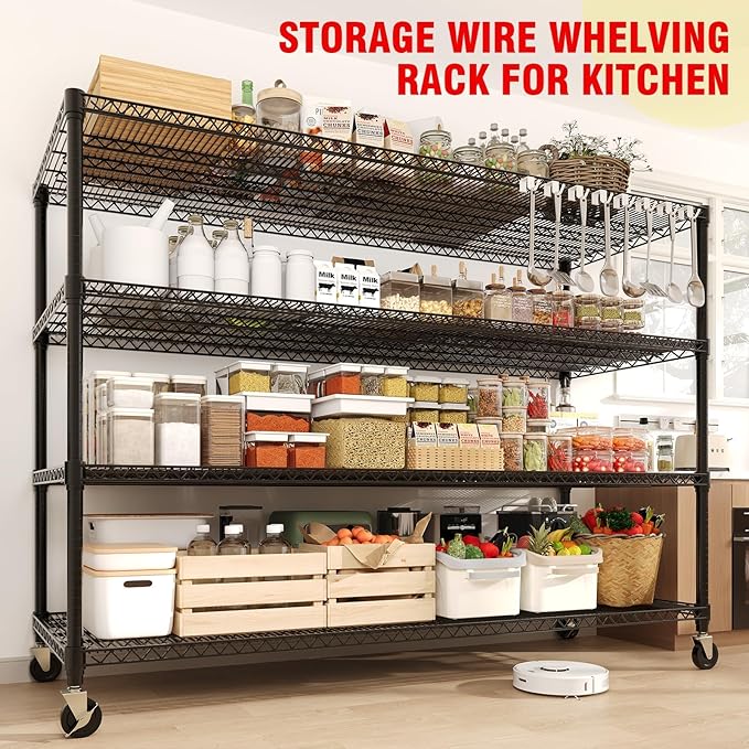 4-Tiers Storage Shelves 59" W Heavy Duty Garage Shelving Units with Adjustable Shelf and Wheels, 2640LBS Capactiy Wire Shelving Rack for Garage Pantry Kitchen Industrial