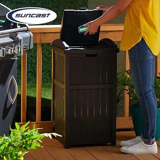 Suncast 3 Pack 33 Gallon Durable Plastic Hideaway Outdoor Garbage Can with Secure Lid & Wicker Design for Home Backyards, Decks, or Patios, Java Brown
