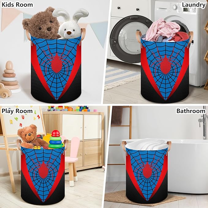 Blue Spider Web Large Laundry Hamper Basket, Round Collapsible Storage Organizer Bin for Kids, Boys, Nursery, Closet, Bedroom, Playroom, Toys, Dirty Clothes, 16"W x 20"H