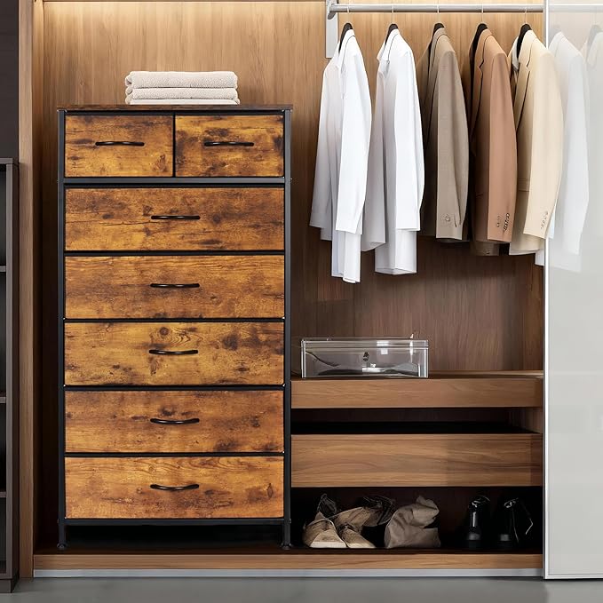 Mifuro Tall Dresser for Bedroom, Vertical Storage Organizer Tower with 7 Drawers, Chest of Drawers with Fabric Bins, Steel Frame, Wood Top for Bedroom, Closet, Entryway- Rustic Brown