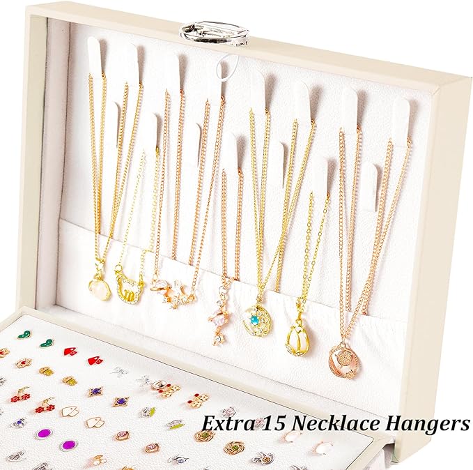 QBestry Earrings Jewelry Box for Girls, 5 Layers Jewelry Organizer with Earring Holder Organizer for Girls Earring Organizer Jewelry Boxes for Women Earrings and Necklaces Jewelry Box Organizer Beige