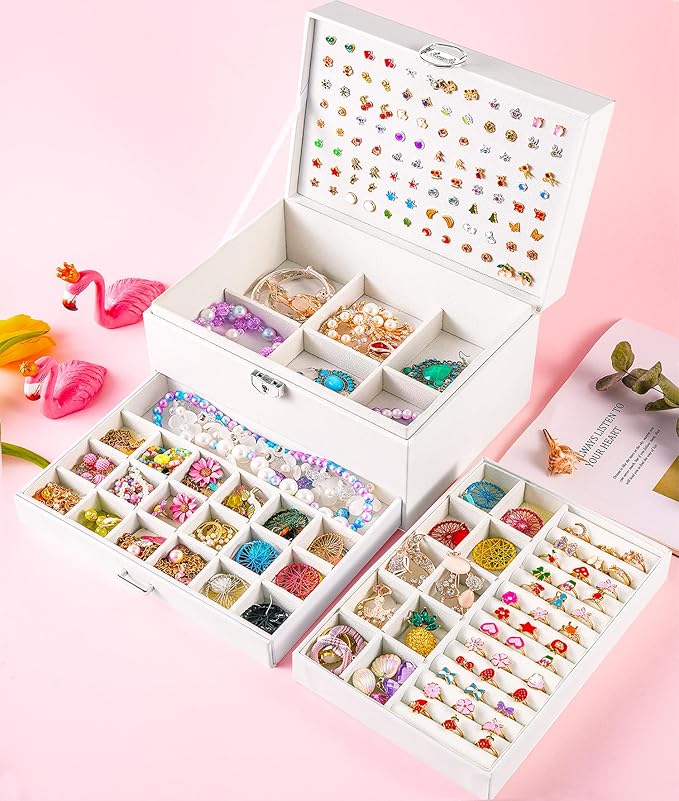QBestry Earring Jewelry Box for Women Girls Stud Organizers, 5 Layers White Jewelry Organizer Box with Lock Necklaces and Earrings Holder Jewelry Box with Earring Organizer for Women Girls Xmas Gifts