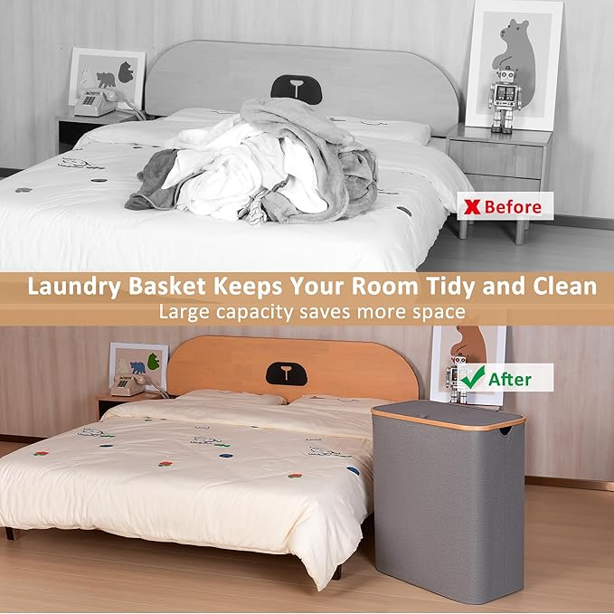 iEGrow Laundry Basket with Lid, 160L Laundry Hamper with Bamboo Handle,Clothes Basket Organizer with Removable Inner Bag for Clothes Toys Towels,Light Grey