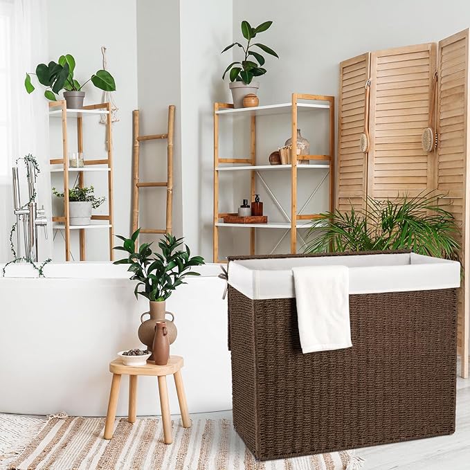 OIAHOMY Large Laundry Hamper with Lid, 35.7 Gal (140L) Wicker Hamper with Removable Liner Bag, Handwoven Clothes Basket with Handles, Foldable Paper Rope Basket for Laundry Room, Bedroom-Brown