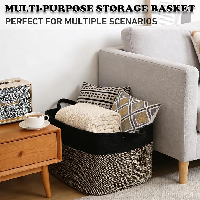 96L Large Blanket Basket,24"x16"x15"Rectangle Storage Bin with Handles,Woven Rope Laundry Basket for Toys, Clothes,Magazines,Home Organization,Nursery,Living Room & Bedroom,Black&Jute