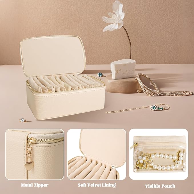 Travel Jewelry Case, Small Travel Jewelry Box with 12 Velvet Jewelry Bag Mini Pouch, Portable Travel Jewelry Organizer for Rings Earrings Necklaces (Beige 12 Pcs)
