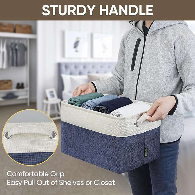 BALEINE 4 Pack Fabric Closet Storage Bins for Shelves, Linen Closet Organizers and Storage, Decorative Baskets for Organizing, Shelf, Clothes, Home, Office (Navy Blue, 15"x11"x9.5")
