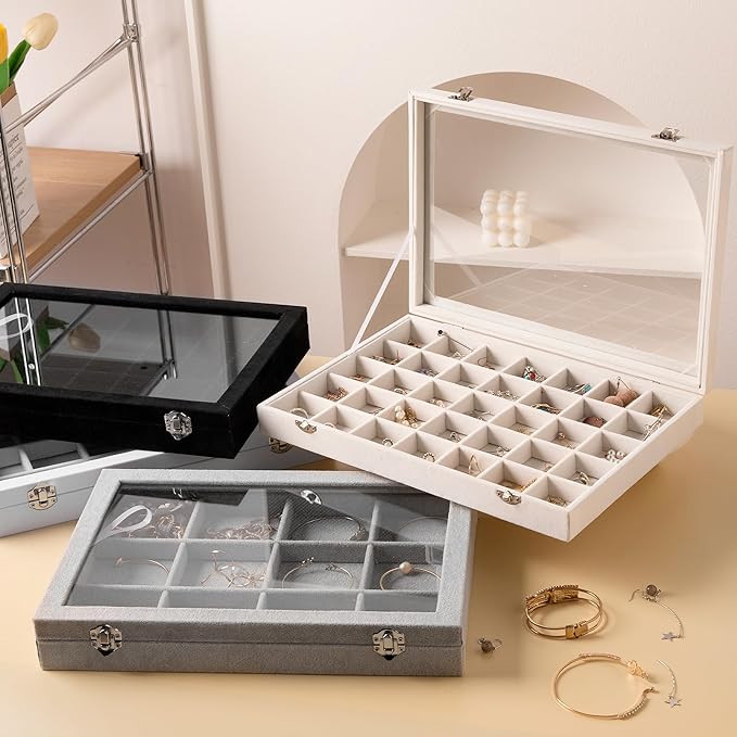 Frebeauty Velvet Jewelry Tray,35 Grid Jewelry Organizer with Clear Lid,Earring Holder Organizer Case with Clasp,Drawer Insert for Rings Studs,13.8 x 9.5 x 2 Inches,Gift for Women Girls(White)