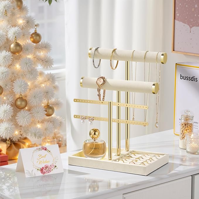 bussdis 3 Tier Bracelet Holder Display - Detachable T Bar Beige Velvet Bracelet Holder, Jewelry Holder Organizer for Bracelet, Necklace, Earrings, Rings