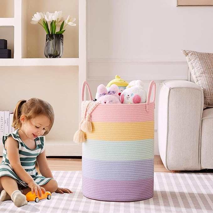 15Dx20H inches Large Baby Girls Kids Hamper Rainbow Laundry Basket for Nursery Clothes Pastel Unicorn Woven Hamper Tall Blanket Basket in Playroom Bedroom 62L